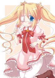  blonde_hair blue_eyes blush bow colored_eyelashes dress eye_patch eyepatch female flower highres momoniku_(taretare-13) nakatsu_shizuru rewrite ribbon solo 