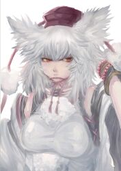  animal_ears bad_id bracelet breasts detached_sleeves female hat inubashiri_momiji jewelry large_breasts panzer_(p.z) short_hair solo tokin_hat touhou white_background white_hair wolf_ears yellow_eyes 