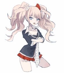  commentary_request crossed_arms danganronpa:_trigger_happy_havoc danganronpa_(series) enoshima_junko female freckles hair_ornament hairclip long_hair necktie pink_hair school_uniform skirt sleeves_rolled_up solo soto twintails 