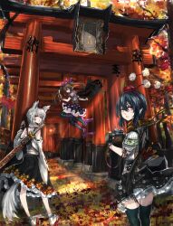  3girls animal_ears black_gloves black_hair black_thighhighs brown_hair camera cellphone checkered_clothes checkered_skirt commentary_request fingerless_gloves fushimi_inari_taisha geta gloves hat himekaidou_hatate inubashiri_momiji long_hair looking_back multiple_girls multiple_torii panzer_(p.z) phone photoshop_(medium) pointy_ears red_eyes scabbard shameimaru_aya sheath sheathed short_hair skirt sword tail tengu-geta thighhighs tokin_hat torii touhou twintails weapon white_hair wings wolf_ears wolf_tail 