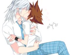  2boys bad_id bad_pixiv_id blush brown_hair closed_eyes kingdom_hearts kissing male_focus multiple_boys necktie pants plaid plaid_pants riku_(kingdom_hearts) school_uniform sora_(kingdom_hearts) sweat umidesuyo white_hair yaoi 