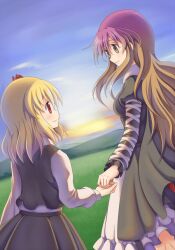  2girls bad_id bad_pixiv_id blonde_hair blush brown_eyes brown_hair cloud day gradient_hair hair_ribbon hijiri_byakuren holding_hands long_hair long_sleeves multicolored_hair multiple_girls puffy_sleeves purple_hair qontamblue red_eyes ribbon rumia short_hair sky smile sunrise touhou 