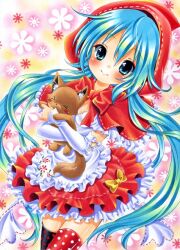  aqua_eyes aqua_hair bad_id bad_pixiv_id blush commentary_request cosplay female hatsune_miku hinako_(turip-turop) holding little_red_riding_hood little_red_riding_hood_(grimm) little_red_riding_hood_(grimm)_(cosplay) long_hair marker_(medium) mikuzukin_(module) pastel_(medium) project_diva_(series) project_diva_2nd skirt smile solo thighhighs traditional_media twintails very_long_hair vocaloid 