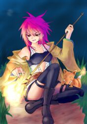  belt boots bravespiritya coat duel_monster fire fox foxfire hiita hitodama open_mouth panties red_eyes red_hair short_hair shouma_(bravespiritya) skirt staff thighhighs underwear yu-gi-oh! yuu-gi-ou_duel_monsters 