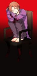  1boy bad_id bad_pixiv_id barefoot blood brown_hair cako_(a_ben) chair fate/zero fate_(series) highres jacket male_focus orange_hair photoshop_(medium) purple_jacket sitting solo uryuu_ryuunosuke 