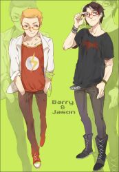  2boys adjusting_glasses barry_allen bat_symbol batman_(series) blue_eyes dc_comics flash glasses hands_in_pockets jason_todd lighting male multiple_boys orange_hair red_hood standing t-shirt the_flash 