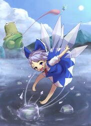  2girls bad_id bad_pixiv_id barefoot blue_dress blue_eyes blue_hair blue_sky blush_stickers bow cirno cloud daiyousei day dress flapping flying frog frozen frozen_frog green_hair hairbow highres lake long_tongue mountain multiple_girls open_mouth outdoors puffy_sleeves pyonta shirt short_hair short_sleeves sky smile sun tongue tongue_out touhou water weien wings 