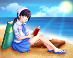  amber_eyes aznminigirl bare_legs beach blouse book female girl grey_hair head_scarf headscarf highres large_book necktie original original_character reading sandals school_uniform schoolgirl skirt tie yellow_eyes 