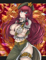  blue_eyes braid breasts chinese_clothes cleavage commentary_request dragon eastern_dragon female hat hong_meiling large_breasts long_hair navel panzer_(p.z) puffy_sleeves red_hair short_sleeves solo star_(symbol) touhou twin_braids 