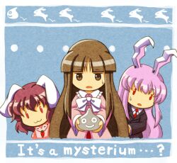  3girls :3 animal_ears brown_eyes brown_hair carrot commentary_request dragon_quest houraisan_kaguya inaba_tewi long_hair long_sleeves metal_slime multiple_girls necktie open_mouth pink_hair qontamblue rabbit_ears red_eyes reisen_udongein_inaba short_hair sweatdrop touhou wide_sleeves 