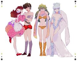  4girls :d animal_print apron aqua_eyes arm_guards armor bare_shoulders benten_(urusei_yatsura) black_footwear black_hair boots bow breastplate brown_hair center_opening chains character_name closed_mouth clothes_writing commentary_request crossed_arms dress earmuffs eye_contact full_body funpjinju green_hair grey_hair hands_on_another&#039;s_shoulder high_ponytail horns ice japanese_clothes kimono knee_boots kneehighs leg_up leotard lineup long_hair long_sleeves looking_at_another looking_at_viewer looking_away lum miniskirt multicolored_eyes multiple_girls navel oni open_mouth oyuki_(urusei_yatsura) photoshop_(medium) pink_dress pink_scarf pointy_ears polka_dot polka_dot_dress profile purple_eyes ran_(urusei_yatsura) red_bow red_eyes red_footwear red_skirt revealing_clothes scarf scarf_over_mouth shin_guards shoes sideways_glance simple_background skirt smile snowflakes socks standing standing_on_one_leg stomach strapless strapless_leotard swept_bangs tiger_print urusei_yatsura white_apron white_background white_kimono white_legwear yellow_eyes yellow_footwear 