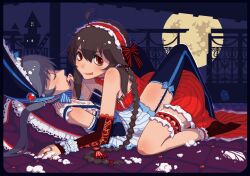  2girls :p bad_id bad_pixiv_id black_hair blue_hair blush bow braid bridal_garter brown_hair chinese_commentary commentary_request fiodo frilled_legwear full_moon garter_straps headdress lolita_fashion long_hair looking_at_viewer luo_tianyi maid moon multiple_girls nail_polish photoshop_(medium) red_eyes thighhighs tongue tongue_out vocaloid vsinger yuezheng_ling yuri 