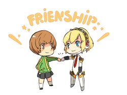  2girls aegis_(persona) ai-wa android blonde_hair blue_eyes brown_eyes brown_hair chibi commentary english_text engrish_text fist_bump jacket joints multiple_girls persona persona_3 persona_4 persona_4:_the_ultimate_in_mayonaka_arena ranguage robot_joints satonaka_chie short_hair skirt smile track_jacket transparent_background typo 