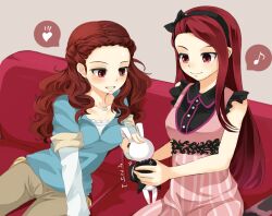  2girls black_bow bow breasts brown_eyes brown_hair buttons commentary_request couch curly_hair dress forehead hairband holding holding_stuffed_toy idolmaster idolmaster_(classic) idolmaster_cinderella_girls in-franchise_crossover jewelry leaning_forward light_blush medium_breasts minase_iori multiple_girls necklace nira_(vira) on_couch red_eyes seki_hiromi shirt sitting sleeveless stuffed_animal stuffed_rabbit stuffed_toy undershirt usa-chan_(idolmaster) white_undershirt 