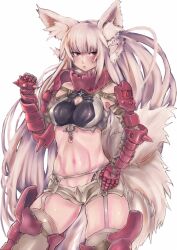  abs animal_ears armor bad_id blush breasts cleavage female garter_belt large_breasts long_hair multiple_tails navel original panzer_(p.z) red_eyes silver_hair solo tail vambraces very_long_hair white_background 