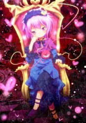  alternate_costume ayakashi_(monkeypanch) capelet checkered_floor choker commentary_request crossed_legs eyebrows female hairband head_rest heart highres komeiji_satori lolita_hairband pink_eyes pink_hair short_hair sitting skirt smile solo third_eye throne touhou 