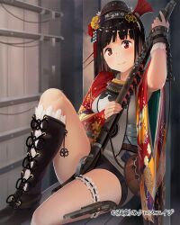  bad_id bad_pixiv_id between_legs black_hair black_shorts boots bridal_garter ddal female flower gun hair_flower hair_ornament handgun looking_at_viewer musket photoshop_(medium) red_eyes saiga_magoichi_(souken_no_cross_age) shorts sitting smile solo souken_no_cross_age weapon wrist_cuffs 