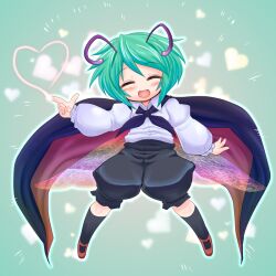  antennae black_shorts blush cape closed_eyes commentary_request female green_hair heart long_sleeves madara_inosuke open_mouth puffy_sleeves short_hair shorts solo touhou wings wriggle_nightbug 