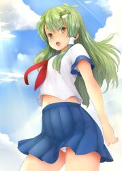  alternate_costume blush chikado commentary_request female frog_hair_ornament green_hair hair_ornament hair_tubes kochiya_sanae long_hair navel open_mouth panties pantyshot pleated_skirt school_uniform serafuku skirt solo touhou underwear white_panties yellow_eyes 