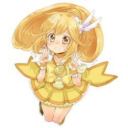  bad_id bad_pixiv_id blonde_hair bow choker cure_peace double_v dress female hair_flaps hair_ornament jumping long_hair magical_girl mikipa ponytail precure shorts shorts_under_skirt skirt smile_precure solo tears v yayoi_kise yellow_bow yellow_eyes yellow_shorts yellow_skirt yellow_theme 