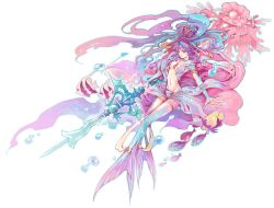  anklet armlet barefoot commentary_request djinn_equip female fish gem hair_ornament hair_rings jewelry long_hair magi_the_labyrinth_of_magic nair_(mindcreator) navel oyster pearl_(gemstone) photoshop_(medium) purple_eyes purple_hair ren_kougyoku scales seashell shell solo water weapon 