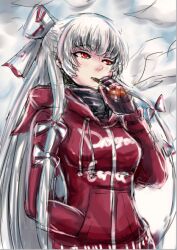  alternate_costume bad_id bow cigarette female fujiwara_no_mokou gloves hairbow hand_in_pocket jacket long_hair long_sleeves panzer_(p.z) red_eyes smoking solo touhou white_hair 