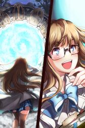  black_legwear blue_eyes blush book bookmark bow brown_hair female glasses grin holding lab_coat long_hair lowres open_mouth photoshop_(medium) plaid plaid_skirt pleated_skirt ribbon skirt smile sword_girls thighhighs walking wooni 