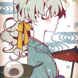  alternate_costume alternate_hairstyle blush commentary_request female green_eyes grey_hair hime_takeo japanese_clothes komeiji_koishi leaf lowres oil-paper_umbrella photoshop_(medium) ponytail short_hair solo touhou umbrella 