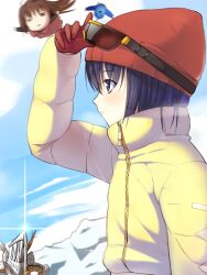  2girls adjusting_goggles aozaki_aoko armor bird black_eyes black_hair bob_cut breath brown_hair coat commentary_request expressionless falling gloves goggles goggles_on_head hat highres kuonji_alice level.21 long_hair lost_robin_rondo mahou_tsukai_no_yoru mountain multiple_girls short_hair snow zipper 