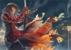  1boy aikana armor bad_id bad_pixiv_id black_hair expressionless gaius_(tales) gloves male_focus manly photoshop_(medium) red_eyes solo surcoat sword tales_of_(series) tales_of_xillia weapon 