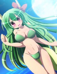  bikini breasts commentary_request ex-keine female full_moon geo_(yukishitadou) green_bikini green_hair highres horn_ornament horn_ribbon horns kamishirasawa_keine large_breasts long_hair moon open_mouth red_eyes ribbon solo swimsuit tail touhou 