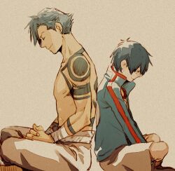  2boys artist_request back-to-back black_hair closed_eyes duplicate indian_style jacket kamina_(ttgl) looking_down lowres multiple_boys shorts simon_(ttgl) simple_background sitting tengen_toppa_gurren_lagann topless_male 