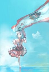  :o animal_ears arched_crown bad_id bad_pixiv_id barefoot blue_theme cat_ears crown day dress female flag gloves observerz open_mouth original running sky solo white_hair 