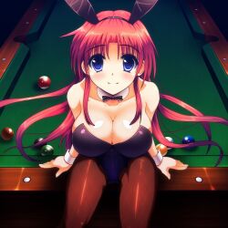  animal_ears bad_id bad_pixiv_id ball bare_shoulders billiard_ball billiards blue_eyes blush breasts cleavage detached_collar fake_animal_ears female fishnet_pantyhose fishnets higa large_breasts long_hair looking_at_viewer original pantyhose playboy_bunny pool_table rabbit_ears red_hair sitting smile solo table wrist_cuffs 