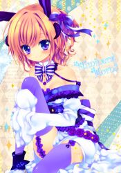  animal_ears argyle_background bad_id bad_pixiv_id blush bow breasts detached_collar female garter_straps hair_ribbon konno_kengo medium_breasts orange_hair original photoshop_(medium) purple_eyes purple_thighhighs rabbit_ears ribbon short_hair sitting sleeves_past_wrists smile solo sparkle thighhighs 