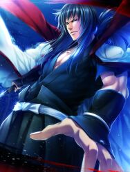  1boy bad_id bad_pixiv_id black_hair blood hiko_seijuurou japanese_clothes katana long_hair male_focus manly nachicoco ponytail rurouni_kenshin solo sword weapon 