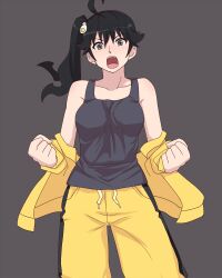  ahoge araragi_karen black_hair clenched_hands collarbone commentary_request egg egg_(food) egg_hair_ornament female food food-themed_hair_ornament fried_egg gazacy_(dai) grey_background grey_eyes hair_ornament monogatari_(series) open_mouth short_hair side_ponytail solo tank_top 