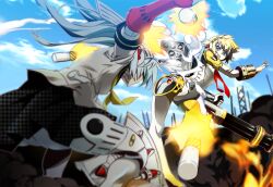  2girls aegis_(persona) android aqua_hair ass axe battle battle_axe blonde_hair blue_eyes blue_hair commentary_request headphones joints labrys_(persona) long_hair multiple_girls nyoro_(nyoronyoro000) persona persona_3 persona_4:_the_ultimate_in_mayonaka_arena photoshop_(medium) pleated_skirt ponytail robot_joints school_uniform short_hair skirt very_long_hair weapon 