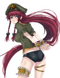  alternate_costume bad_id black_buruma blue_eyes braid buruma female frills hat hong_meiling long_hair panzer_(p.z) puffy_sleeves red_hair short_sleeves solo star_(symbol) touhou twin_braids very_long_hair white_background wrist_cuffs 