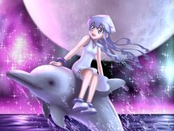  blue_eyes blue_hair commentary_request dolphin dress female hat ikamusume long_hair riding shinryaku!_ikamusume tentacle_hair tooi_aoiro 