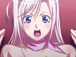  bare_shoulders blush charlotte_hazellink erohi long_hair looking_at_viewer molestation naked_shoulders open_mouth pink_hair princess_lover purple_eyes rocoroto rokoroto scared scarf tears teeth 