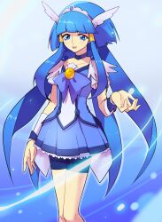  31_(bluesan) aoki_reika bad_id bad_pixiv_id bike_shorts bike_shorts_under_skirt blue_background blue_eyes blue_hair blue_shorts blue_skirt blue_theme bow bowtie brooch choker commentary_request cure_beauty female gradient_background hair_tubes head_wings highres jewelry long_hair magical_girl photoshop_(medium) precure shorts sidelocks skirt smile smile_precure solo tiara wings 