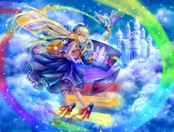  art_brush backpack bag bird blonde_hair camera castle commentary_request daphne_zhang dress female flower green_eyes hair_flower hair_ornament hat highres long_hair looking_at_viewer looking_back oekaki_musume original paintbrush rainbow ribbon skirt smile solo stairs very_long_hair 