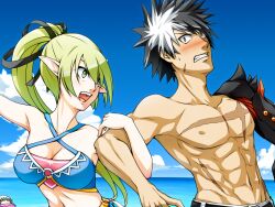  1boy :o bad_id bad_pixiv_id bikini black_hair blush clenched_teeth code:_nemesis_(elsword) elsword eve_(elsword) female green_eyes green_hair high_ponytail light_green_hair locked_arms long_hair mechanical_arms multicolored_hair muscular photoshop_(medium) pointy_ears ponytail raven_cronwell reckless_fist_(elsword) rena_erindel scar single_mechanical_arm spiked_hair swimsuit teeth topless_male two-tone_hair umikawa_torao when_you_see_it white_hair wind_sneaker_(elsword) yellow_eyes 