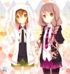  1boy :o akane_(goma) akira_(goma) animal_hood argyle_background black_legwear braid brother_and_sister brown_eyes brown_hair commentary_request female goma_(11zihisin) hair_ribbon holding_hands hood hoodie looking_at_viewer necktie open_mouth original otoko_no_ko pantyhose photoshop_(medium) pleated_skirt rabbit_hood ribbon short_hair shorts siblings skirt standing twin_braids twins 