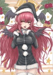  alternate_costume bad_id bell demon_wings female hat koakuma long_hair long_sleeves open_mouth panzer_(p.z) pointy_ears red_eyes red_hair santa_hat solo star_(symbol) sweater thighhighs touhou wings 