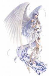  angel_wings dress feathers feena_(ys) female floating jewelry long_hair necklace official_art parted_bangs purple_hair solo taue_shunsuke white_background white_dress wings ys ys_origin 