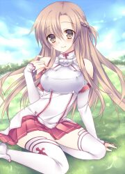  armor asuna_(sao) bare_shoulders blush breastplate brown_eyes brown_hair commentary_request detached_sleeves female grass long_hair sitting smile solo sorai_shin&#039;ya sword_art_online thighhighs white_thighhighs 