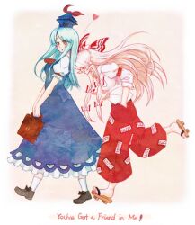  2girls blue_hair blush bow colored_pencil_(medium) commentary_request english_text fujiwara_no_mokou geta hairbow hat heart kamishirasawa_keine long_hair long_sleeves lyrics mixed_media multiple_girls open_mouth pink_background pink_hair puffy_sleeves red_eyes short_sleeves terrajin touhou toy_story traditional_media very_long_hair 