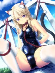  amamiya_minato animal_ears arms_behind_back bad_id bad_pixiv_id blonde_hair bondage bondage bound cat_ears cat_tail collar female leash long_hair one-piece_swimsuit original photoshop_(medium) purple_eyes school_swimsuit shiny_clothes sitting skindentation solo swimsuit tail thighhighs wet wet_clothes white_thighhighs 